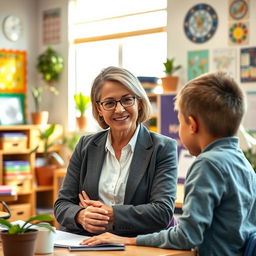 A portrait of a nurturing and compassionate educational mentor in a warm classroom environment