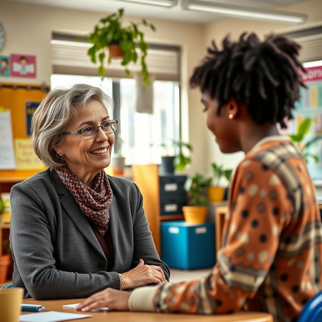 A portrait of a nurturing and compassionate educational mentor in a warm classroom environment