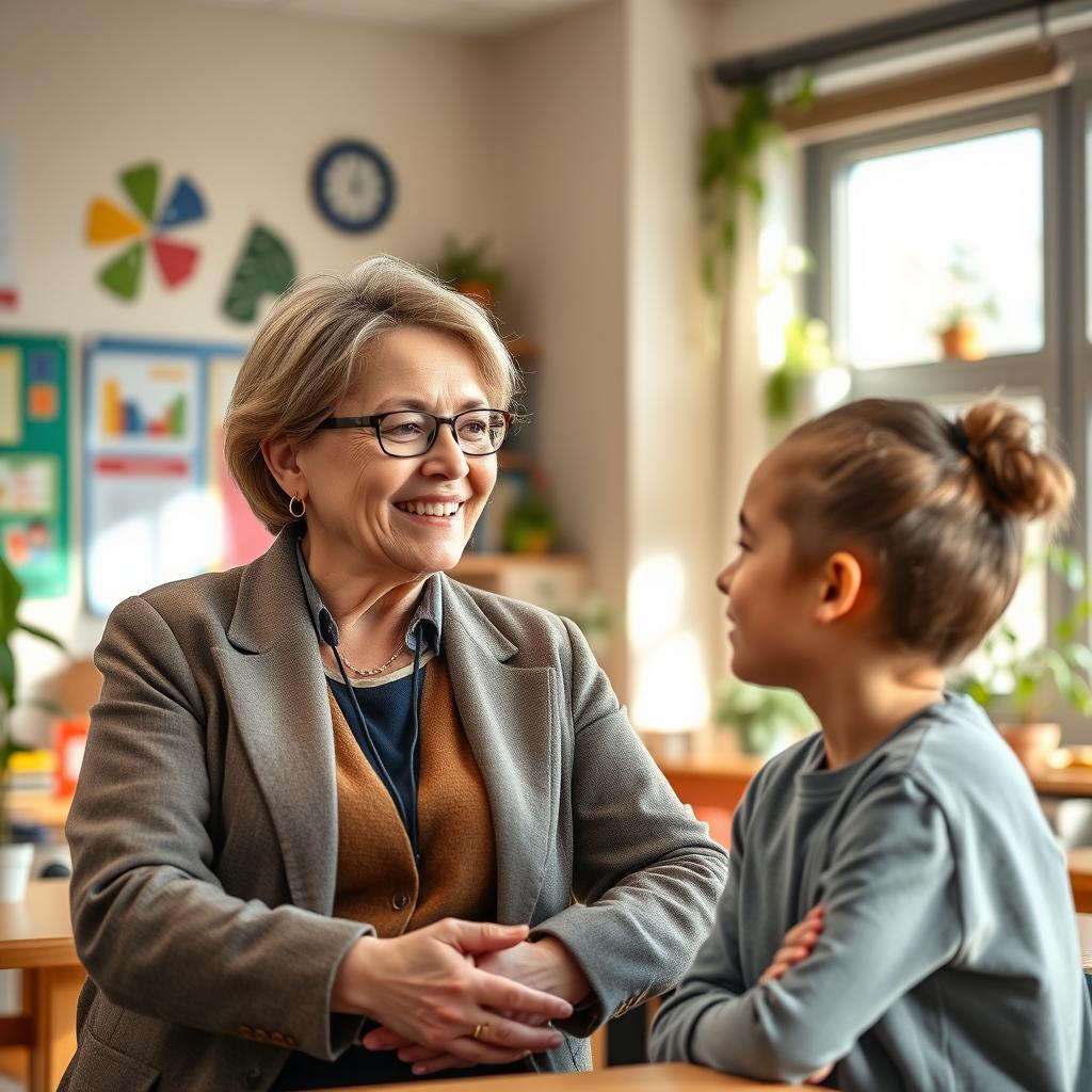 A portrait of a nurturing and compassionate educational mentor in a warm classroom environment