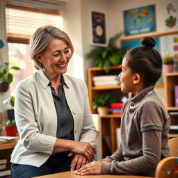 A portrait of a nurturing and compassionate educational mentor in a warm classroom environment