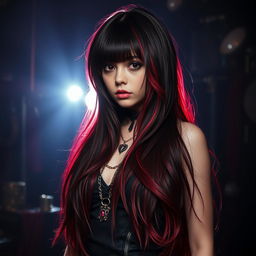 A girl with long hair that gracefully transitions from black to red, representing the embodiment of darkness