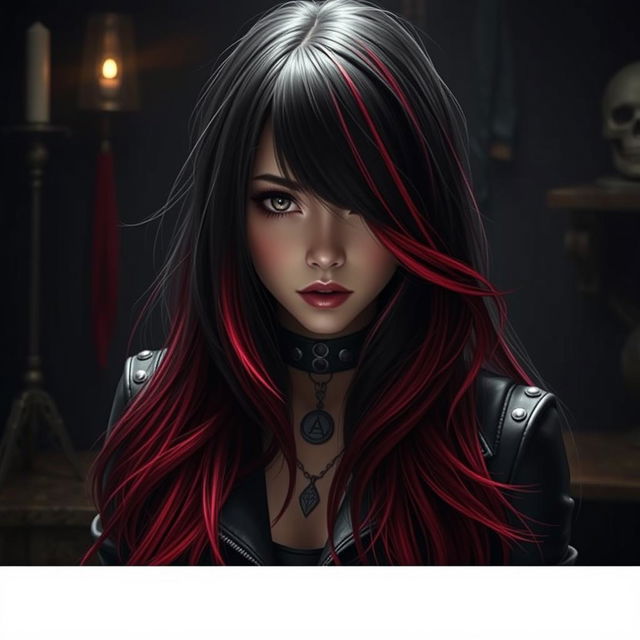 A girl with long hair that gracefully transitions from black to red, representing the embodiment of darkness