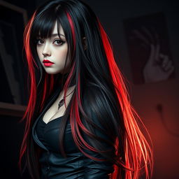 A girl with long hair that gracefully transitions from black to red, representing the embodiment of darkness
