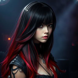 A girl with long hair that gracefully transitions from black to red, representing the embodiment of darkness