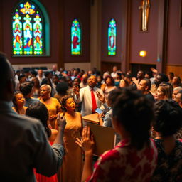 A thoughtful and abstract depiction of a Pentecostal worship setting, showcasing a diverse congregation passionately engaged in prayer and singing