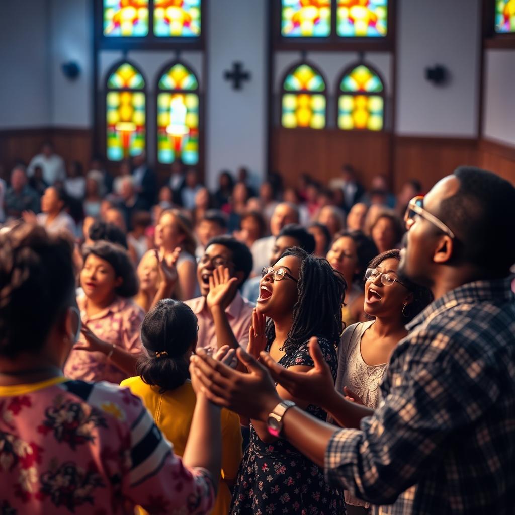 A thoughtful and abstract depiction of a Pentecostal worship setting, showcasing a diverse congregation passionately engaged in prayer and singing