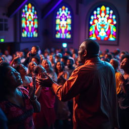 A thoughtful and abstract depiction of a Pentecostal worship setting, showcasing a diverse congregation passionately engaged in prayer and singing