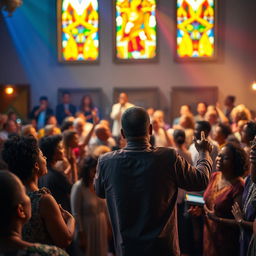 A thoughtful and abstract depiction of a Pentecostal worship setting, showcasing a diverse congregation passionately engaged in prayer and singing