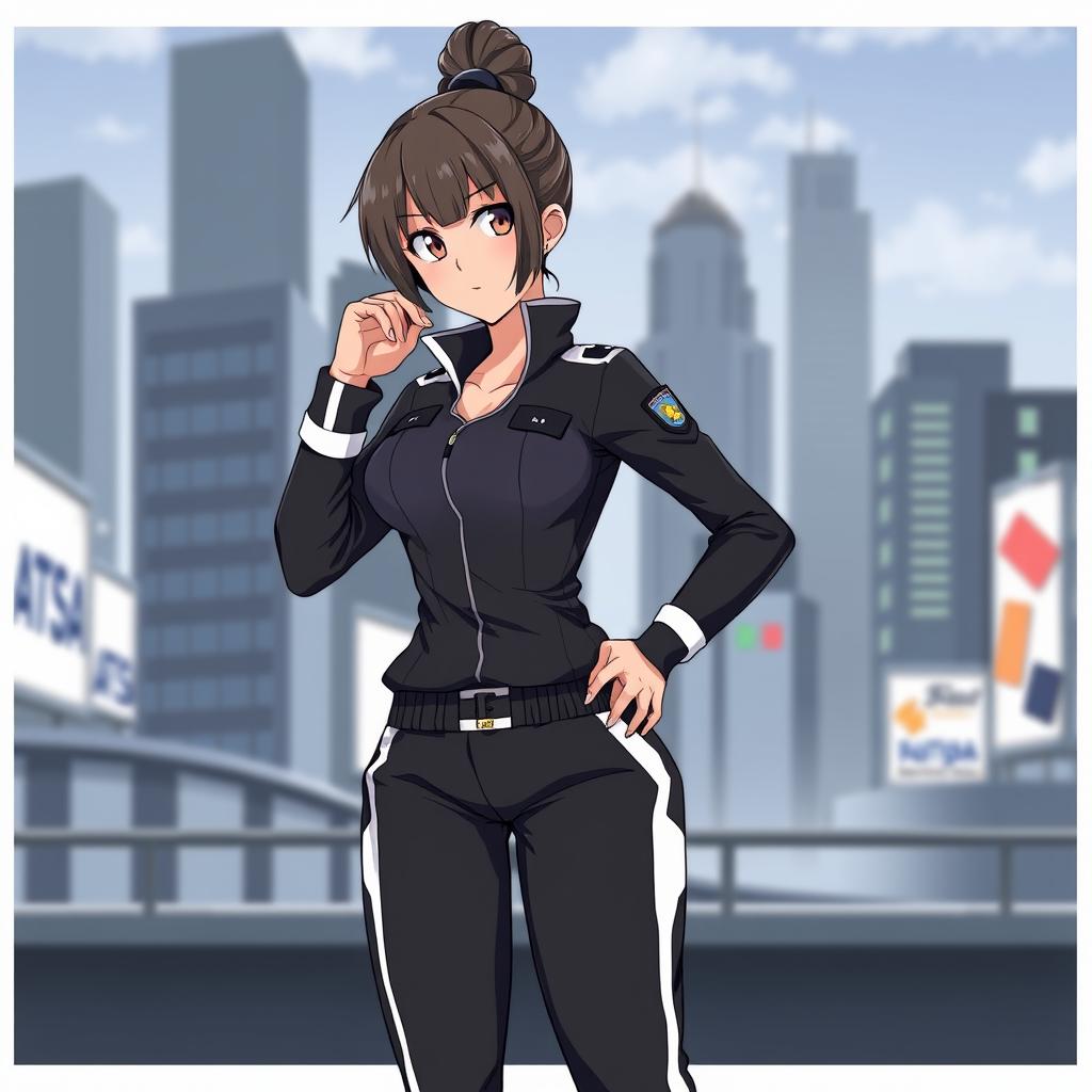 Anime-style female police officer, dressed in stylish black and white track pants, with a neat bun hairstyle