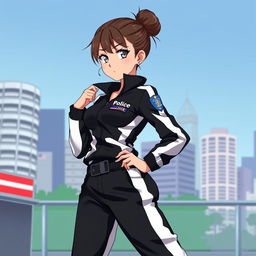 Anime-style female police officer, dressed in stylish black and white track pants, with a neat bun hairstyle
