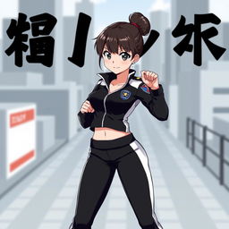 Anime-style female police officer, dressed in stylish black and white track pants, with a neat bun hairstyle