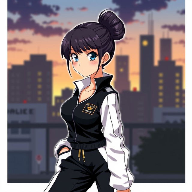 Anime-style female police officer, dressed in stylish black and white track pants, with a neat bun hairstyle