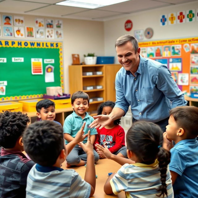 A male educational coach in an elementary school setting