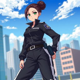 A stylish anime female police officer wearing black and white track pants, featuring a sporty and confident pose