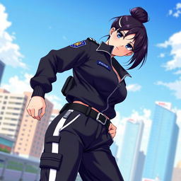 A stylish anime female police officer wearing black and white track pants, featuring a sporty and confident pose