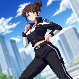 A stylish anime female police officer wearing black and white track pants, featuring a sporty and confident pose