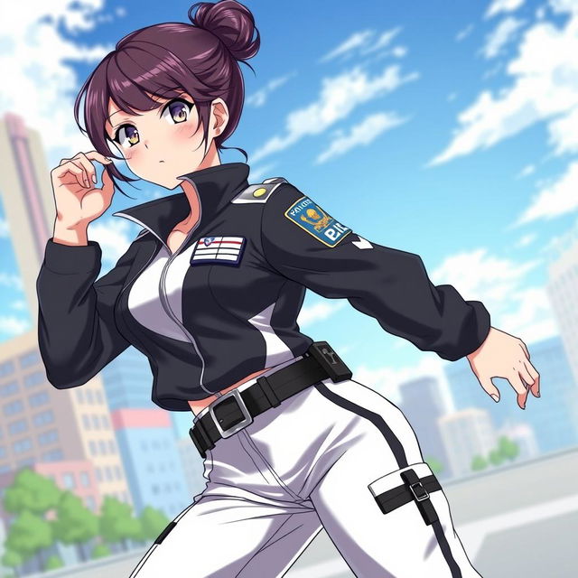 A stylish anime female police officer wearing black and white track pants, featuring a sporty and confident pose