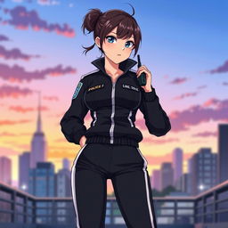 A female anime police officer wearing stylish black and white track pants, with her hair styled in an elegant bun