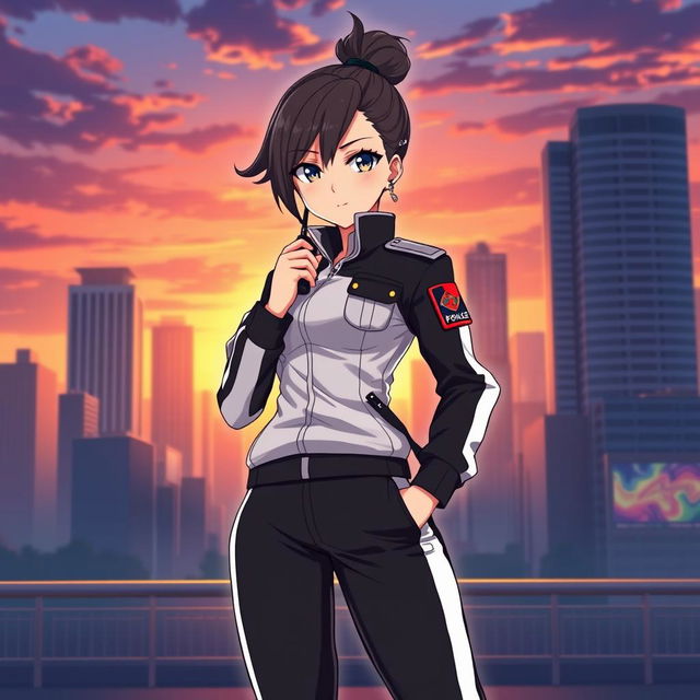 A female anime police officer wearing stylish black and white track pants, with her hair styled in an elegant bun