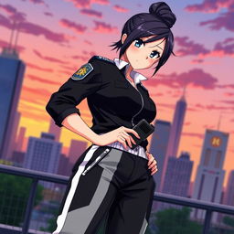 A female anime police officer wearing stylish black and white track pants, with her hair styled in an elegant bun