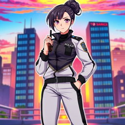 A female anime police officer wearing stylish black and white track pants, with her hair styled in an elegant bun