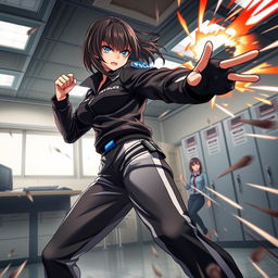 A fierce female anime police officer with straight hair, dressed in stylish black and white track pants, engaged in an intense fight inside a police station