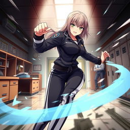 A fierce female anime police officer with straight hair, dressed in stylish black and white track pants, engaged in an intense fight inside a police station