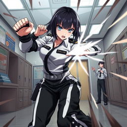 A fierce female anime police officer with straight hair, dressed in stylish black and white track pants, engaged in an intense fight inside a police station