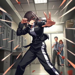 A fierce female anime police officer with straight hair, dressed in stylish black and white track pants, engaged in an intense fight inside a police station