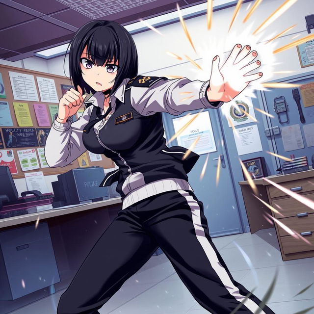 An anime-style female police officer engaged in a fierce fight inside a police station