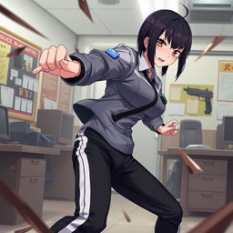 An anime-style female police officer engaged in a fierce fight inside a police station
