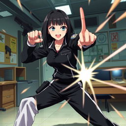 An anime-style female police officer engaged in a fierce fight inside a police station