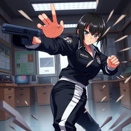 An anime-style female police officer engaged in a fierce fight inside a police station