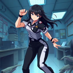 An anime-style female police officer in a dynamic fight scene inside a police station