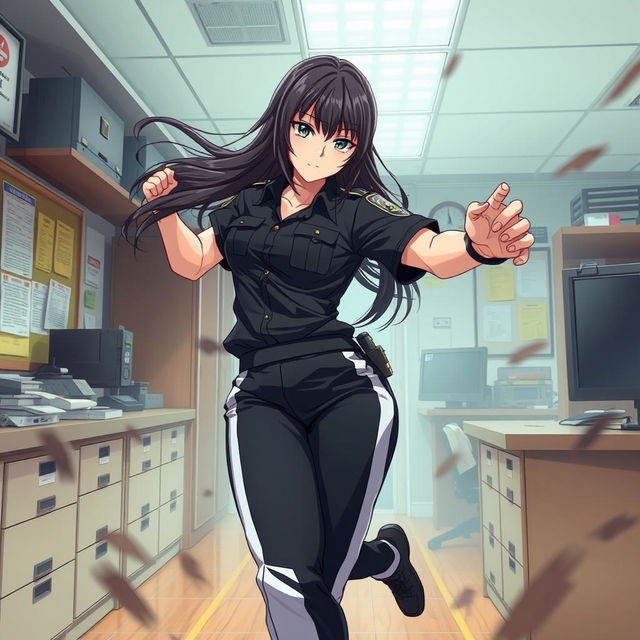 An anime-style female police officer in a dynamic fight scene inside a police station