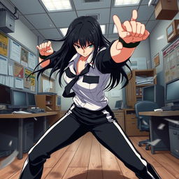 An anime-style female police officer in a dynamic fight scene inside a police station