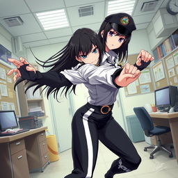 An anime-style female police officer in a dynamic fight scene inside a police station