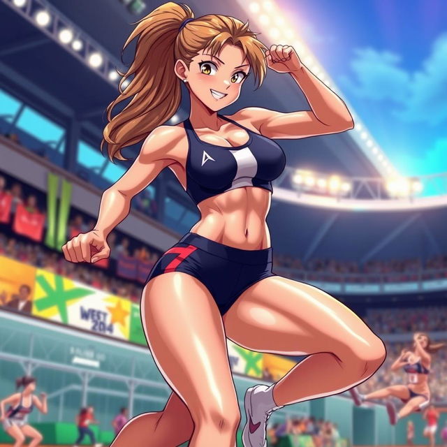 A captivating anime-style illustration of a sexy female athlete showcasing her athletic physique