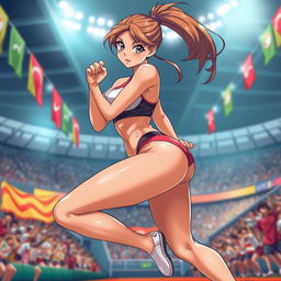 A captivating anime-style illustration of a sexy female athlete showcasing her athletic physique