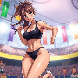 A captivating anime-style illustration of a sexy female athlete showcasing her athletic physique