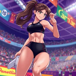 A captivating anime-style illustration of a sexy female athlete showcasing her athletic physique