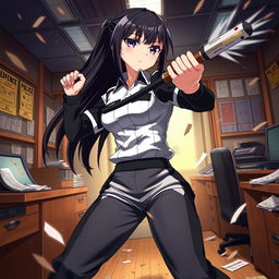 An anime-style female police officer in a fierce battle inside a police station, wielding a police baton