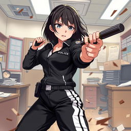 An anime-style female police officer in a fierce battle inside a police station, wielding a police baton