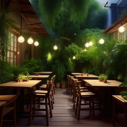 A cozy cafe restaurant situated in a 10 by 20 yard area, furnished with rustic wooden tables and chairs, featuring soft ambient lighting and lush green indoor plants.