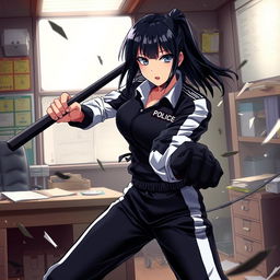 An anime-style female police officer in a fierce battle inside a police station, wielding a police baton
