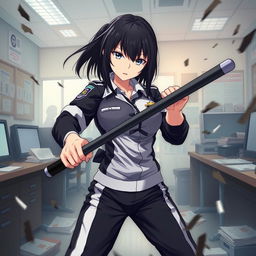 An anime-style female police officer in a fierce battle inside a police station, wielding a police baton