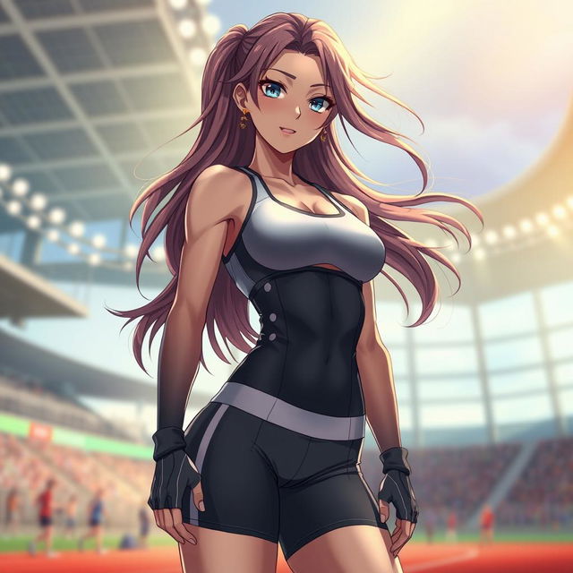 A stunning anime female athlete, showcasing a strong physique and captivating presence