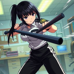 An anime-style female police officer engaged in an intense fight inside a police station, expertly wielding a police baton