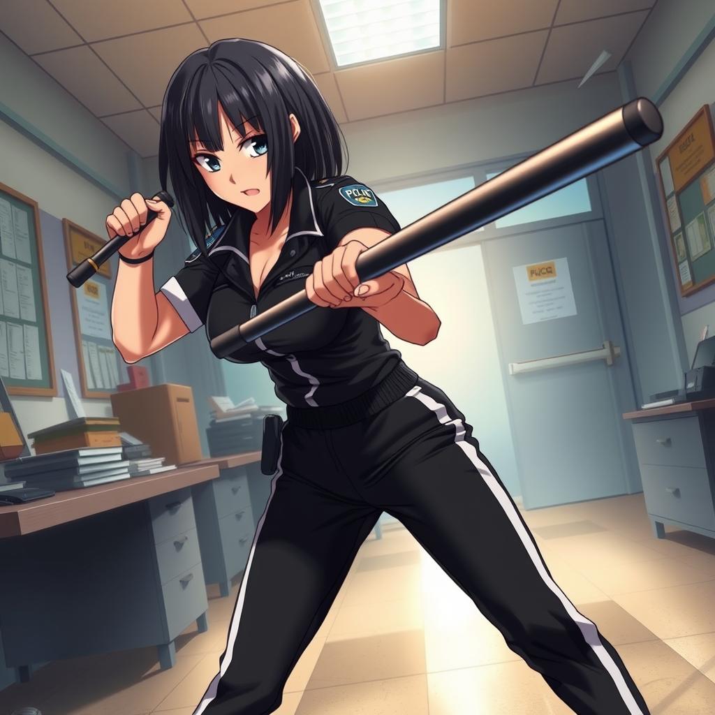 An anime-style female police officer engaged in an intense fight inside a police station, expertly wielding a police baton