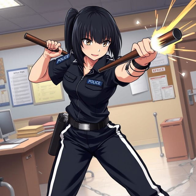 An anime-style female police officer engaged in an intense fight inside a police station, expertly wielding a police baton